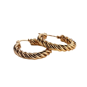 Classic golden twisted hoop earrings with a polished metallic braided texture