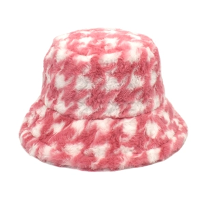 Detailed view of pink and white checkered plush bucket hat with soft faux fur texture