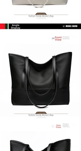 Front and side views of a spacious black oxford tote bag with stylish leather contrast