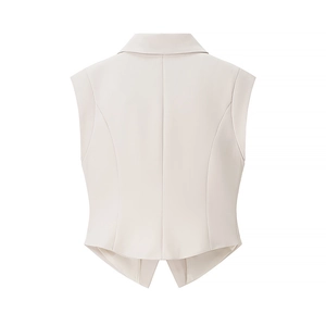 Rear view of a sleeveless cream white suit vest with tailored seams and V-shaped split hem