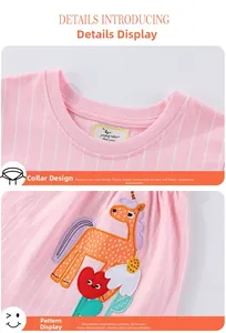 Close-up of pink striped cotton kids' dress with cute giraffe applique and ribbed neckline