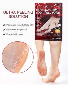 Exfoliating foot mask with 25% AHA BHA and peach kernel showing peeling results