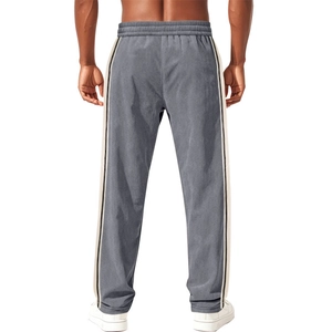 Rear view of grey corduroy trousers featuring side stripes and relaxed straight fit