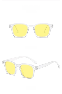 Detalle de gafas de sol cuadradas transparentes con lentes amarillas, vista frontal y lateral