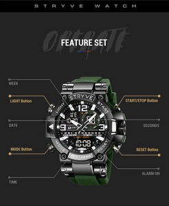 Detailed feature set of STRYVE sports watch showing functional buttons and 50M waterproof scale