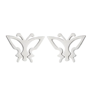 Detail view showing polished hollow butterfly earring studs made of silver stainless steel