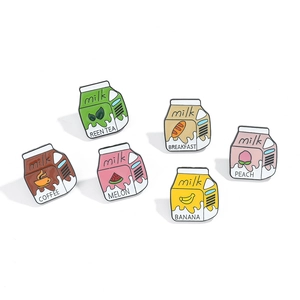 Set of 6 colorful enamel milk carton pins including coffee and fruit flavors