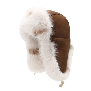 Winter thermal trapper hat in brown suede with thick white faux fur lining for skiing
