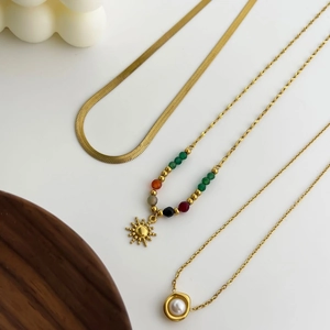Three-layer 18K gold plated stainless steel necklaces with sun pendant and pearls