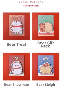 Style display of four Christmas bear sticky notes in red, green, and blue festive designs