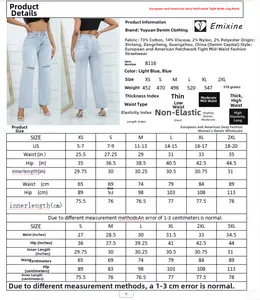 Detailed size chart for flare jeans showing measurements for waist and inseam in cm and inches