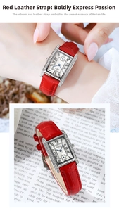 Detail of a square ladies' watch featuring a red leather strap and diamond-set bezel