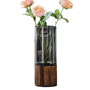 Nordic creative glass vase with round wood base and pink roses for table decor