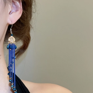 Detail of long blue chain tassel earrings with golden crown and crystal beads on a model