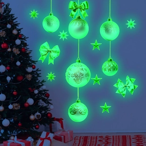 Luminous Christmas ball and star wall stickers with green glow for holiday home decor