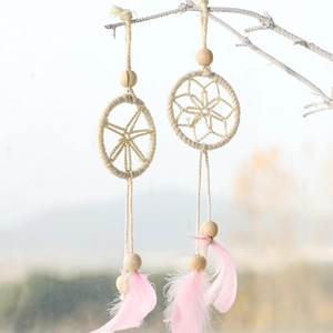 Christmas Dreamcatcher Hanging Ornament Handmade Cotton Rope Wood Beads Pink Feather Star Flower Bohemian Decor