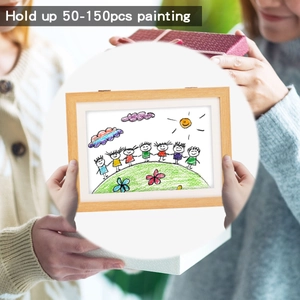 Front-opening wooden kids art frame storing 50-150 paintings in light wood finish