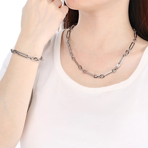 Close-up of titanium steel O-link necklace and bracelet set on model with white background