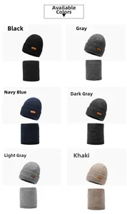 Winter knitted hat and scarf set collection in six classic colors with leather patch detail