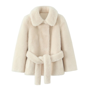 Women Faux Fur Coat Elegant Lapel Plush Long Sleeve Belted Waist Warm Solid Color Winter Outerwear Jacket Commute Style