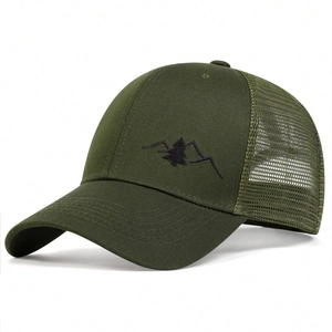 Army green trucker hat with mountain embroidery and breathable mesh panels