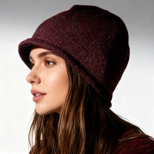 Winter reflective knit beanie with warm fleece lining worn by model in dark burgundy
