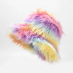 Close-up of fluffy rainbow tie-dye faux fur bucket hat with long plush texture