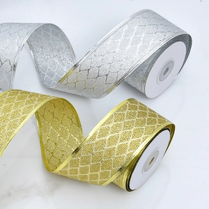 Diamond pattern glitter ribbons with wire edges for Christmas tree decoration