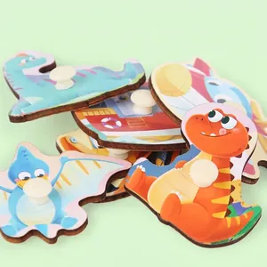 Educational wooden peg puzzle featuring colorful dinosaur and vehicle shapes for children