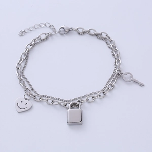 Double Layer 316 Stainless Steel Charm Bracelet Heart Smiley Face Lock And Key Pendants Fashion Jewelry Women