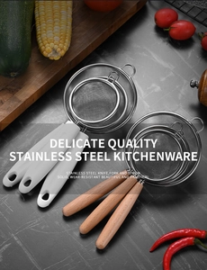 Set of three stainless steel fine mesh strainers with ergonomic wooden and PP handles