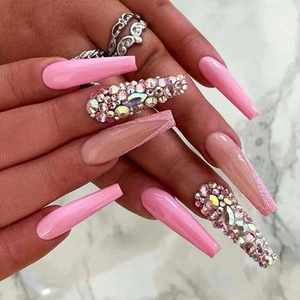 Long Coffin Press On Nails Rhinestone Sparkling Pink Gradient French Tip Style Sweet Elegant Artificial Fake Nails For Women
