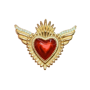 Gothic gold heart ring with red enamel wings and sparkling zircon accents