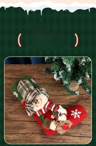 Detail of 3D snowman Christmas stocking with red and green plaid accents on wood