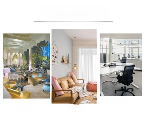 Three-panel view of metal floral hoops with wooden bases in hotel, home, and office settings