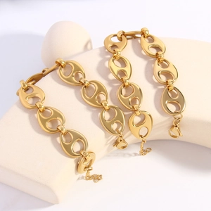 Stainless Steel 18K Gold Plated Mariner Link Pig Nose Bracelet Hip Hop Punk Jewelry For Women Men Coffee Bean Chain Bangle