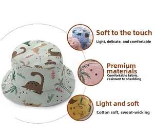 Close-up of breathable cotton children sun hat with colorful cartoon dinosaur prints