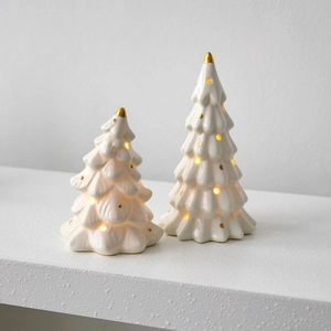 Set of two white ceramic Christmas tree lamps with gold dots and warm LED lights