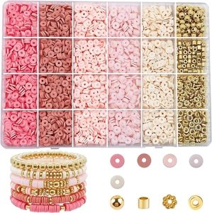 24-grid DIY jewelry kit with pink clay beads and golden spacers for bracelet making