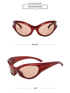 Y2K wraparound oversized red metal sunglasses with champagne lenses shown from two angles
