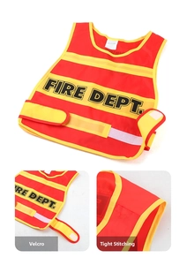Detail of red kids firefighter vest with reflective stripes and side velcro straps