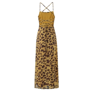 Detailed back view of a long leopard print dress featuring crisscross lace-up straps