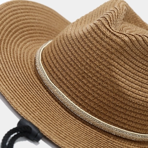 Detail of dark brown straw hat with rhinestone-embellished band and adjustable strap