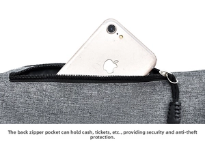 Detail of grey fabric waist bag back pocket with zipper for phone and cash storage