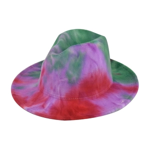 Detail view of colorful tie-dye wool fedora hat with reinforced stitching on wide brim