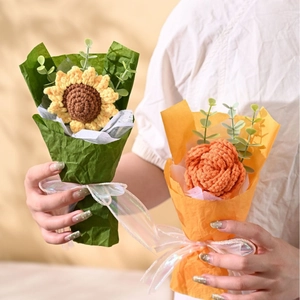 Handmade Crochet Flower Bouquet Knitted Yarn Sunflower Rose Artificial Floral Arrangement For Birthday Gift Home Decor