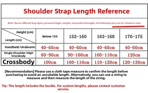 Size chart for shoulder strap length reference showing various heights and carry styles