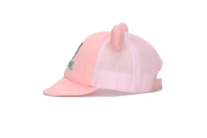 Detailed side view of pink baby mesh cap with cute 3D ears and ME letter embroidery