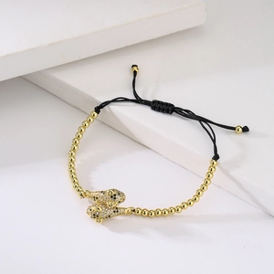 Minimalist 18K gold-plated leopard charm beaded drawstring bracelet with cubic zirconia