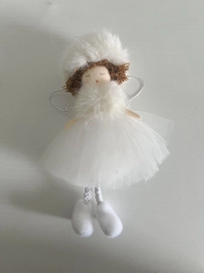 Detail of white plush angel doll ornament with tulle skirt and wire wings